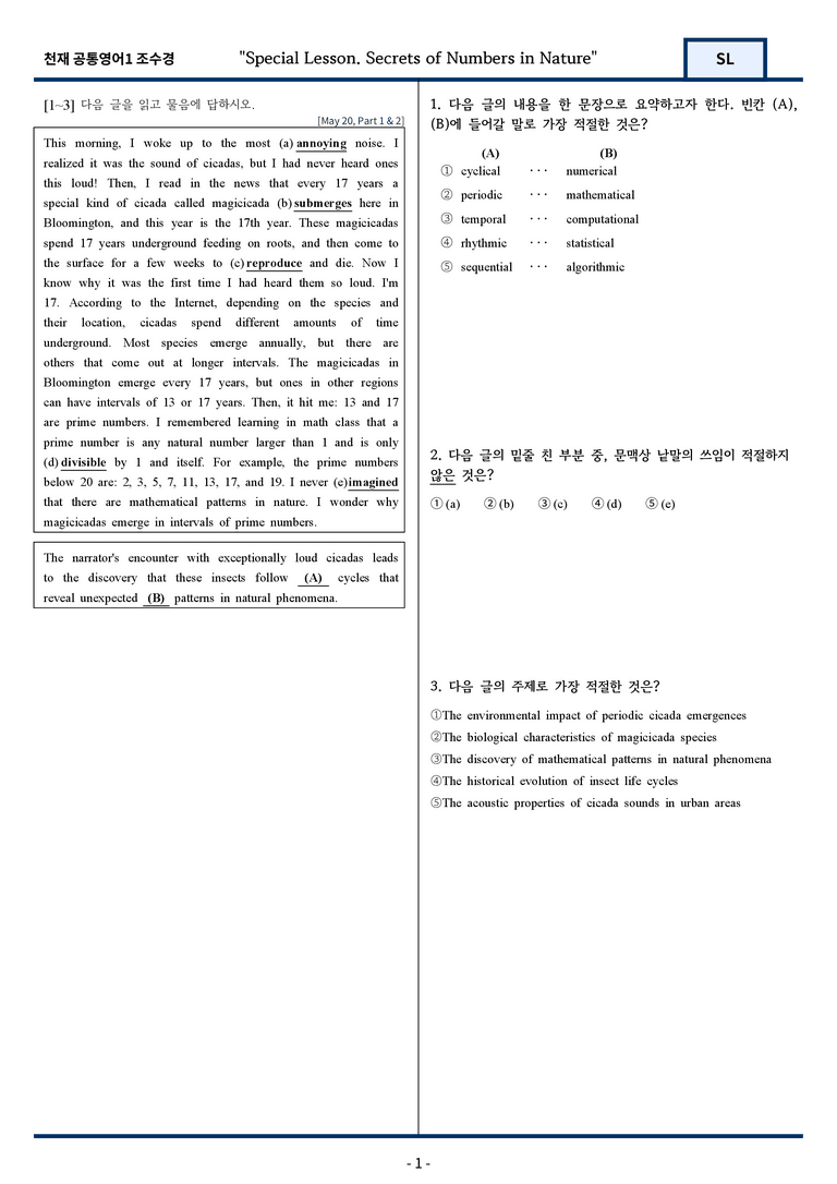 천재 조수경 공통영어1 변형문제 Special Lesson 80문항 by 지영랩_preview_1