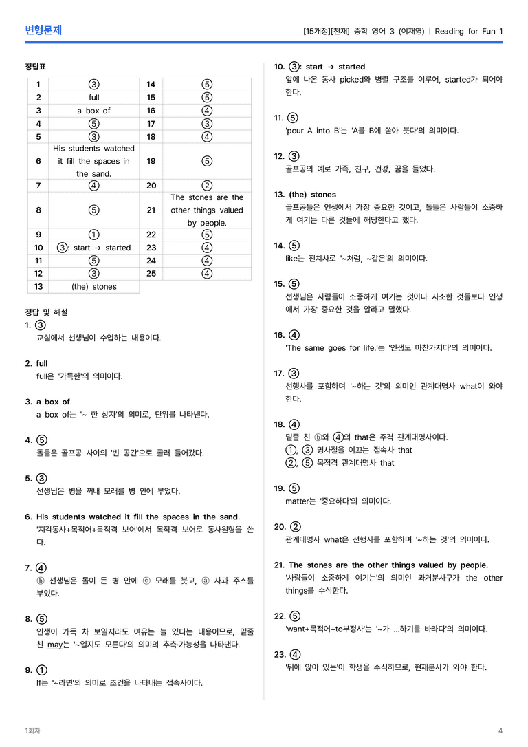 [천재] 중학 영어 3 (이재영) Reading for Fun 1 변형문제 1회차_preview_4
