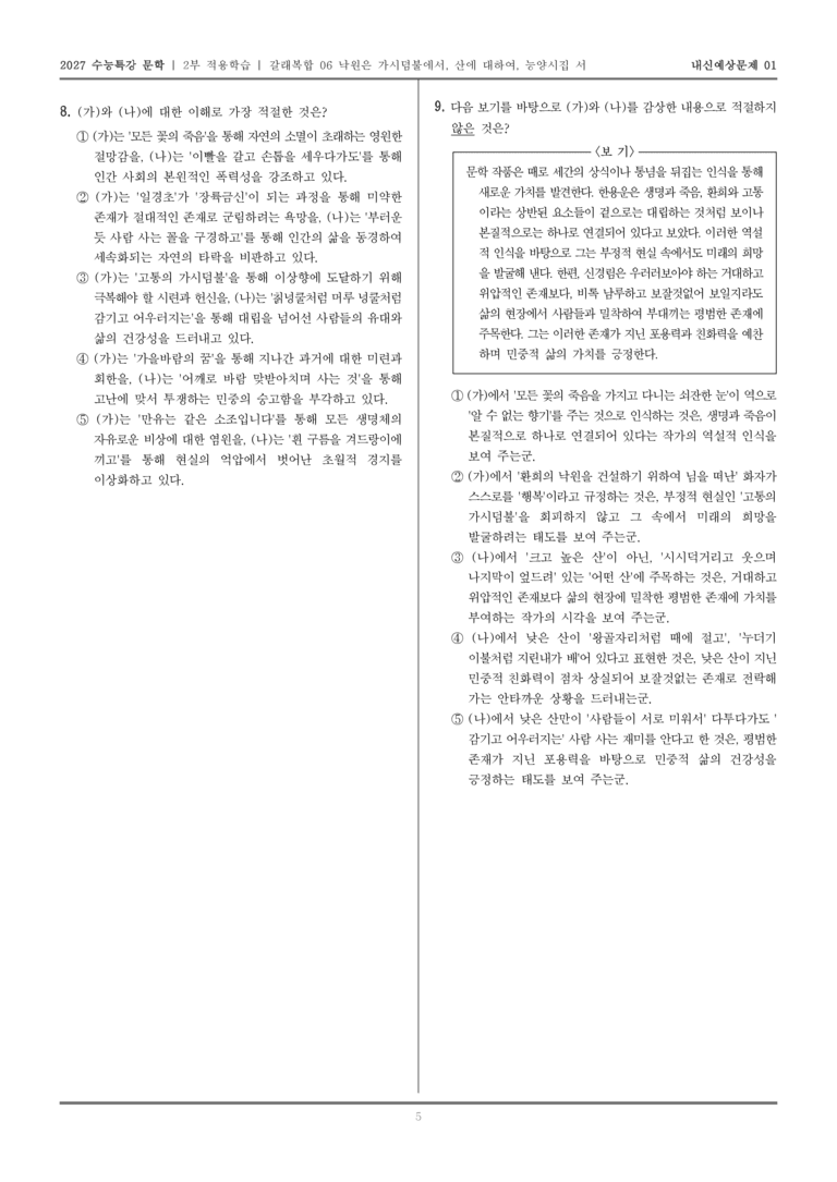 [2027 수능특강 문학] 적용학습 갈래복합 06 낙원은 가시덤불에서, 산에 대하여, 능양 시집 서_내신예상문제01_preview_5
