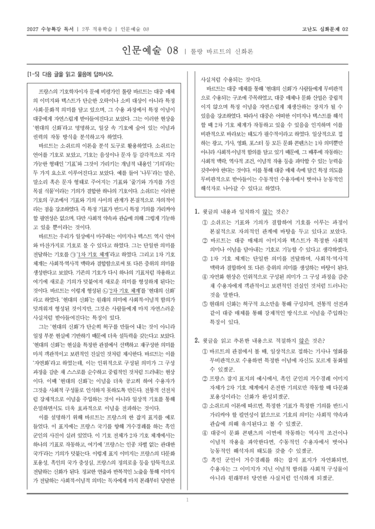 [2027 수능특강 독서] 적용학습 인문예술 08 롤랑 바르트의 신화론_고난도심화문제02_preview_1