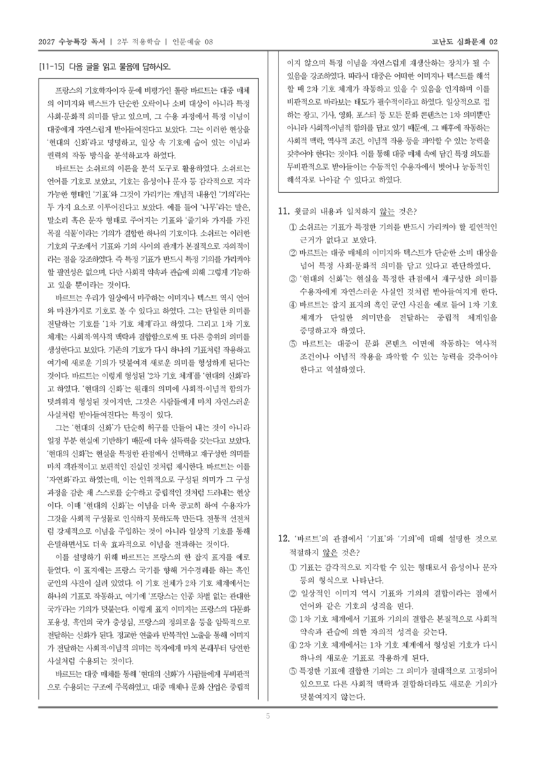 [2027 수능특강 독서] 적용학습 인문예술 08 롤랑 바르트의 신화론_고난도심화문제02_preview_5