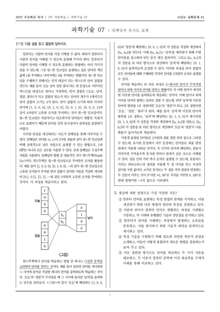 [2027 수능특강 독서] 적용학습 과학기술 07 임베딩과 유사도 표현_고난도심화문제01_preview_1
