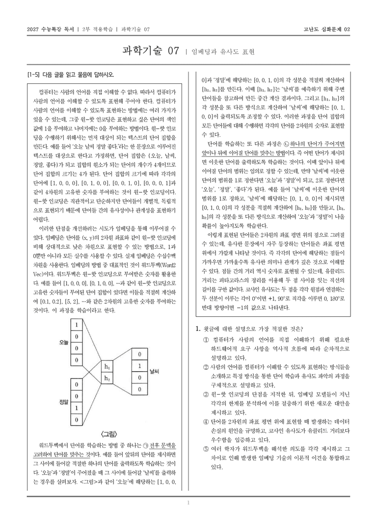 [2027 수능특강 독서] 적용학습 과학기술 07 임베딩과 유사도 표현_고난도심화문제02_preview_1