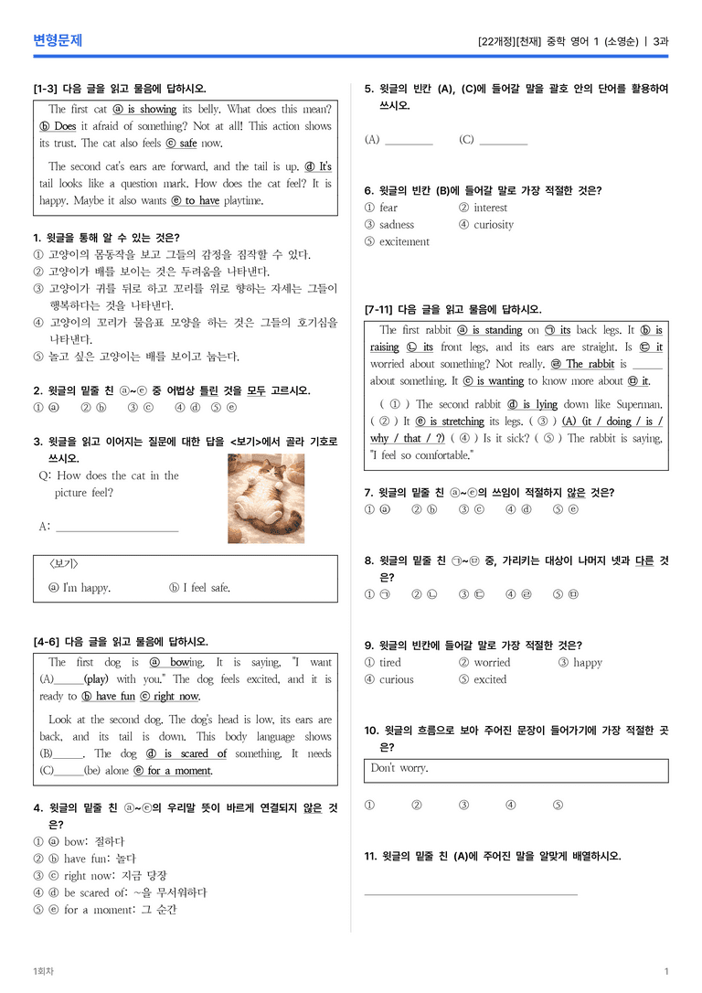 [천재] 중학 영어 1 (소영순) 3과 변형문제 1회차_preview_1