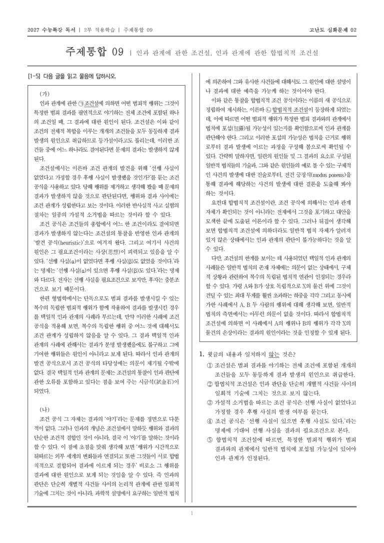 [2027 수능특강 독서] 적용학습 주제통합 09 인과 관계에 관한 조건설, 인과 관계에 관한 합법칙적 조건설_고난도심화문제02_preview_1