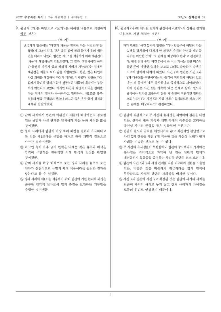 [2027 수능특강 독서] 적용학습 주제통합 11 법 해석의 본질로서의 유추, 사법적 판단의 형식으로서 유추의 한계_고난도심화문제02_preview_5
