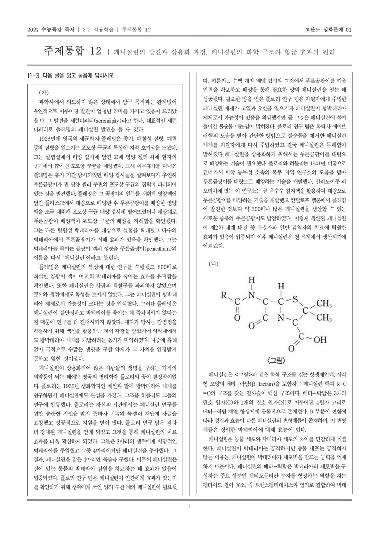 [2027 수능특강 독서] 적용학습 주제통합 12 페니실린의 발견과 상용화 과정, 페니실린의 화학 구조와 향균 효과의 원리_고난도심화문제01_preview_1