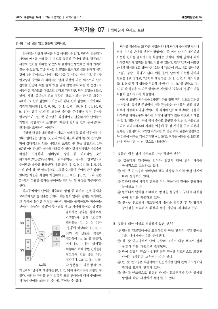 [2027 수능특강 독서] 적용학습 과학기술 07 임베딩과 유사도 표현_내신예상문제02_preview_1