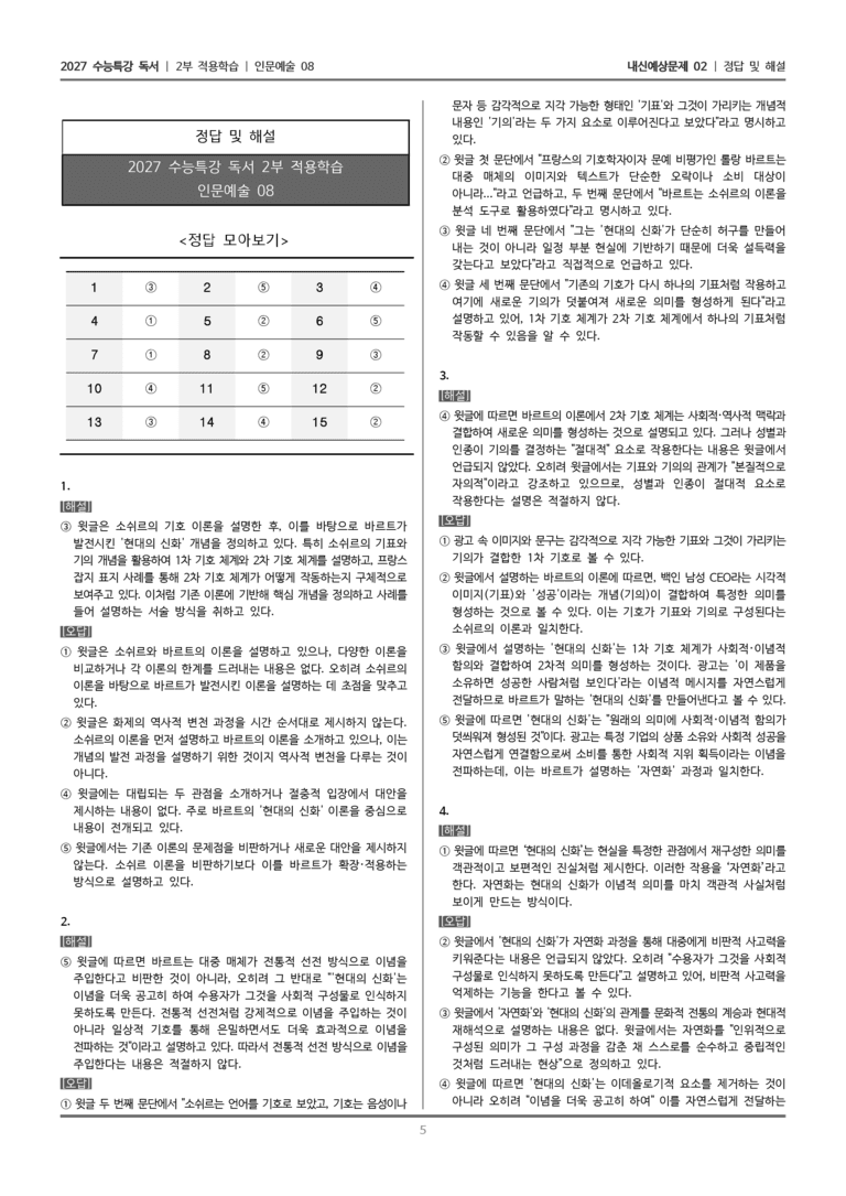 [2027 수능특강 독서] 적용학습 인문예술 08 롤랑 바르트의 신화론_내신예상문제02_preview_5