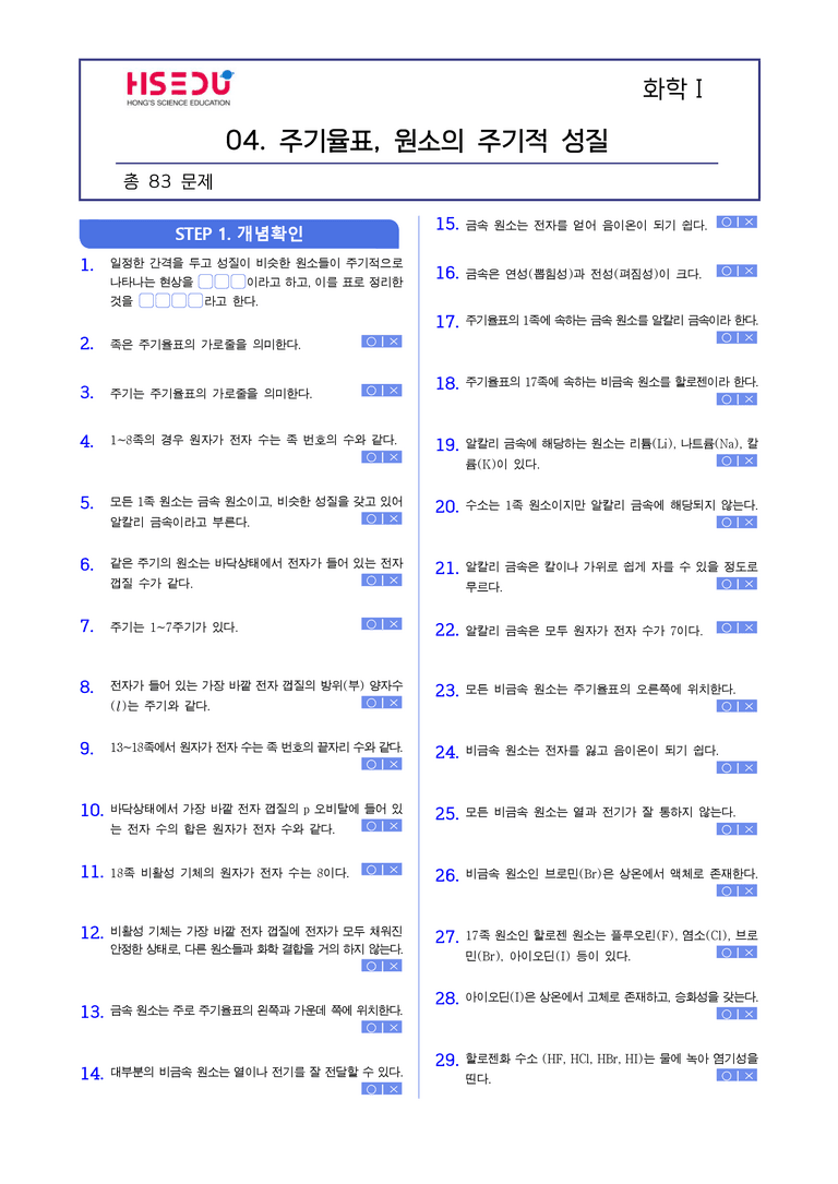2-4 주기율표, 원소의 주기적 성질 | STEP1 개념확인문제(빈칸/OX)_preview_1