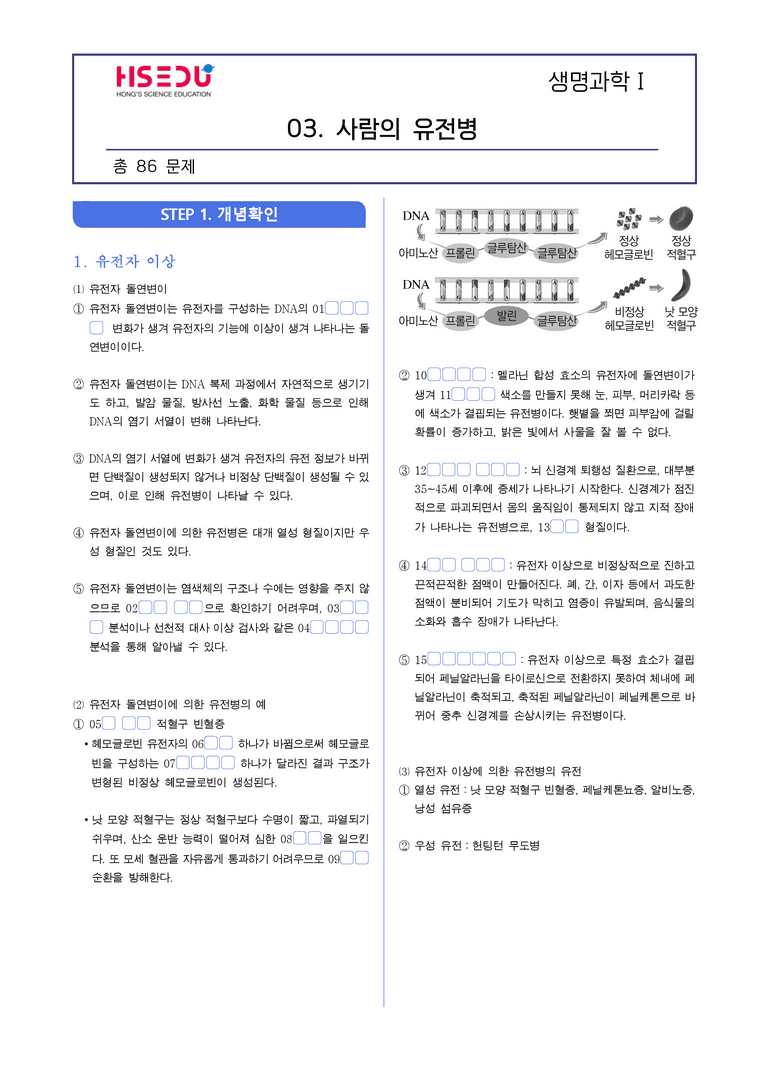 4-3 사람의 유전병 | STEP1 개념확인문제(빈칸/OX)_preview_1
