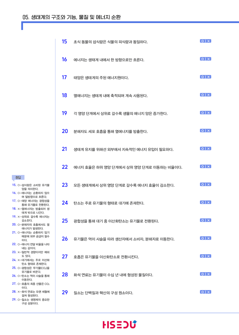 1-5 생태계의 구조와 기능, 물질 및 에너지 순환 | STEP1 개념확인문제(OX/단답형)_preview_2
