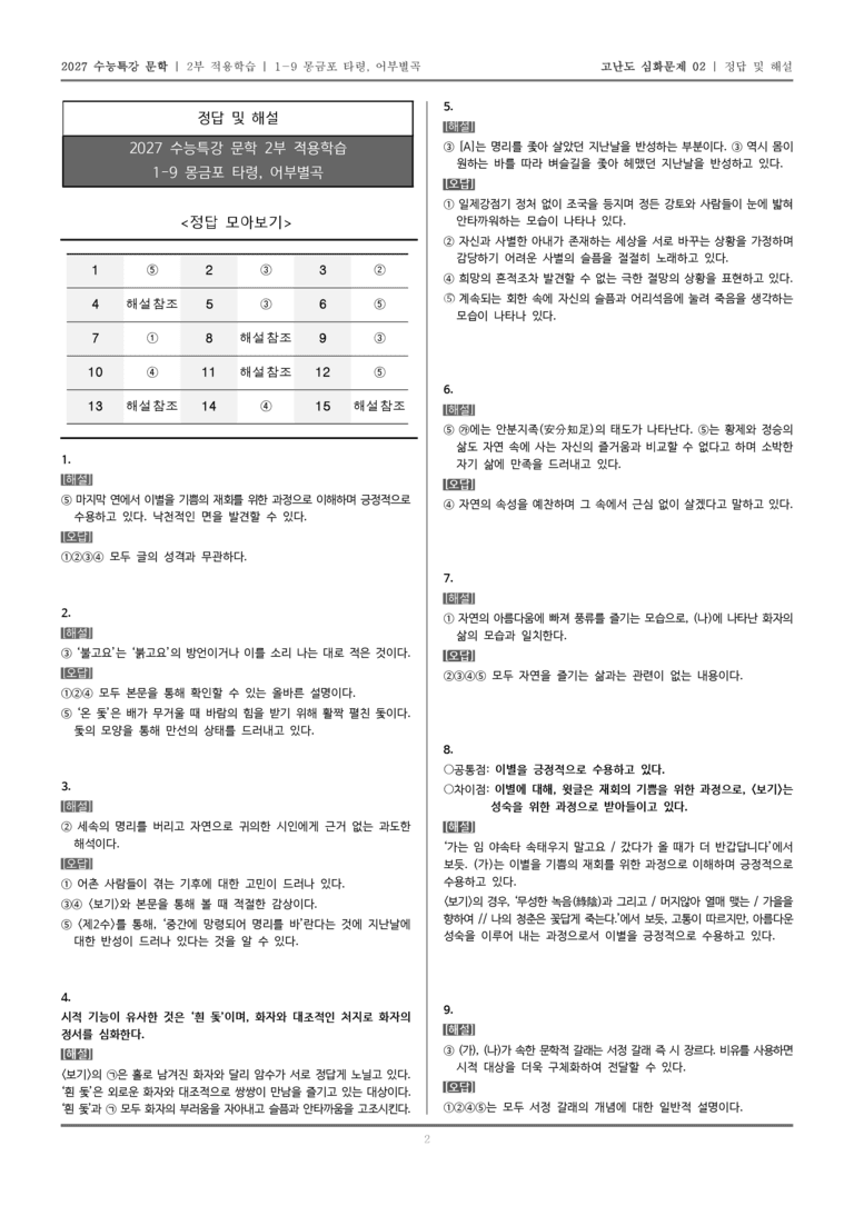 [2027 수능특강 문학] 적용학습 고전시가 09 몽금포 타령, 어부별곡_고난도 심화문제02_preview_5