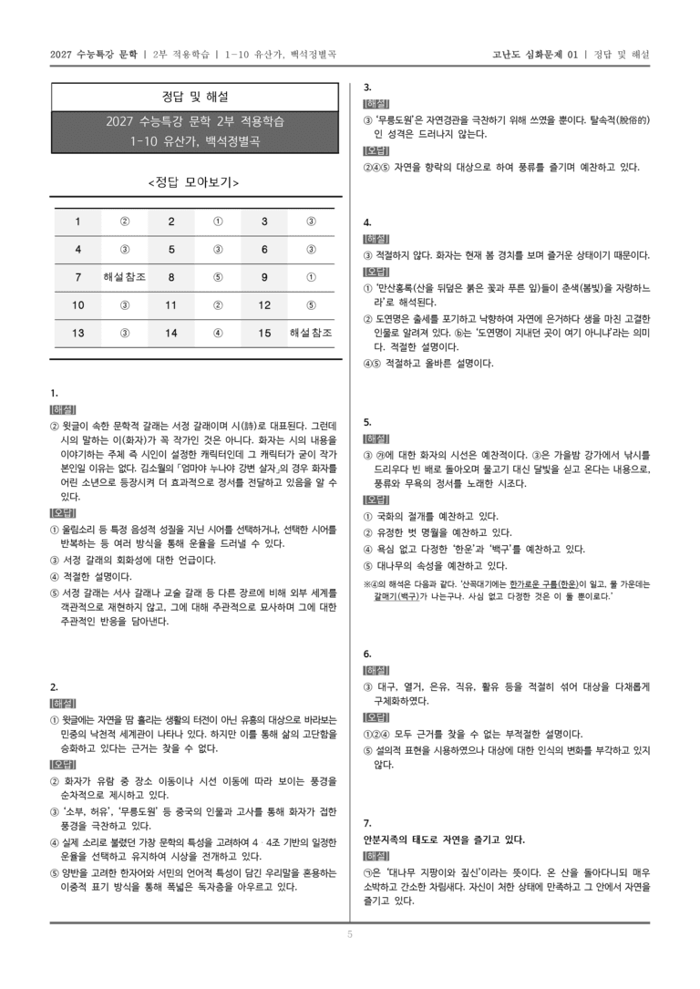 [2027 수능특강 문학] 적용학습 고전시가 10 유산가, 백석정별곡_고난도 심화문제01_preview_5
