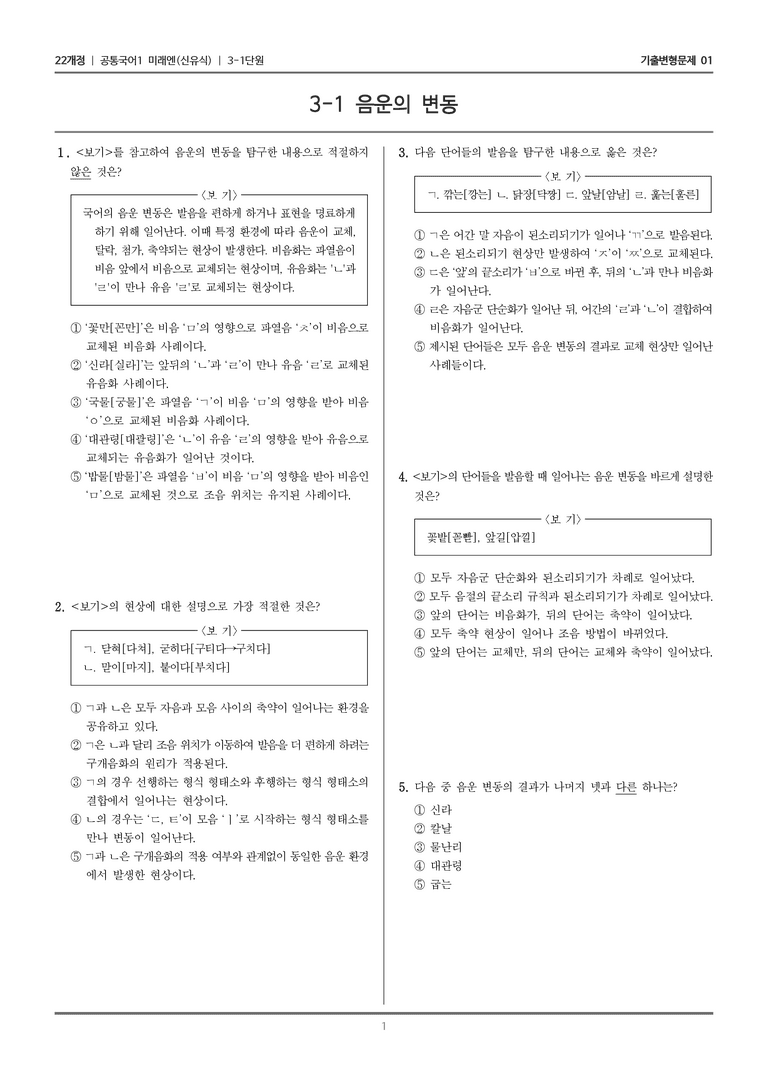 [22개정] 공통국어1 미래엔 3-1 음운의 변동_기출변형문제01_preview_1