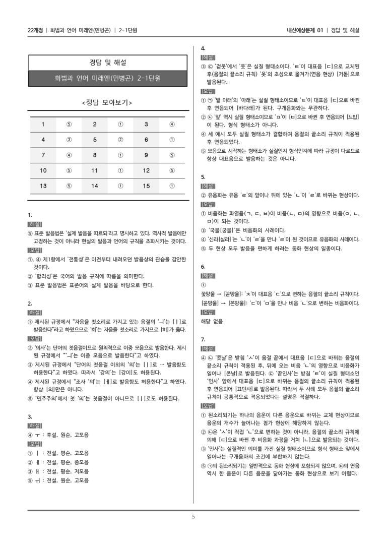 [22개정] 화법과 언어 미래엔 2-1 음운과 표준 발음_내신예상문제01_preview_5