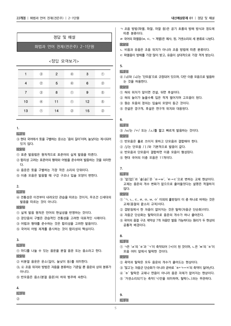 [22개정] 화법과 언어 천재 2-1 표준 발음_내신예상문제01_preview_5