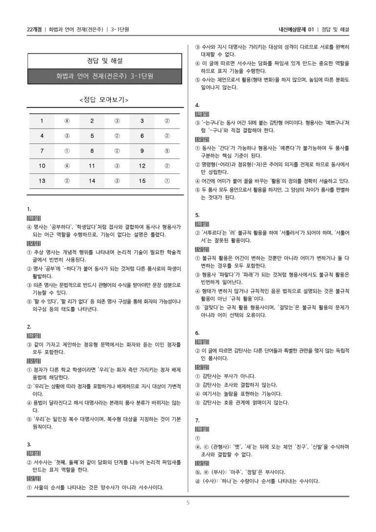 [22개정] 화법과 언어 천재 3-1 품사와 문장 구조_내신예상문제01_preview_5