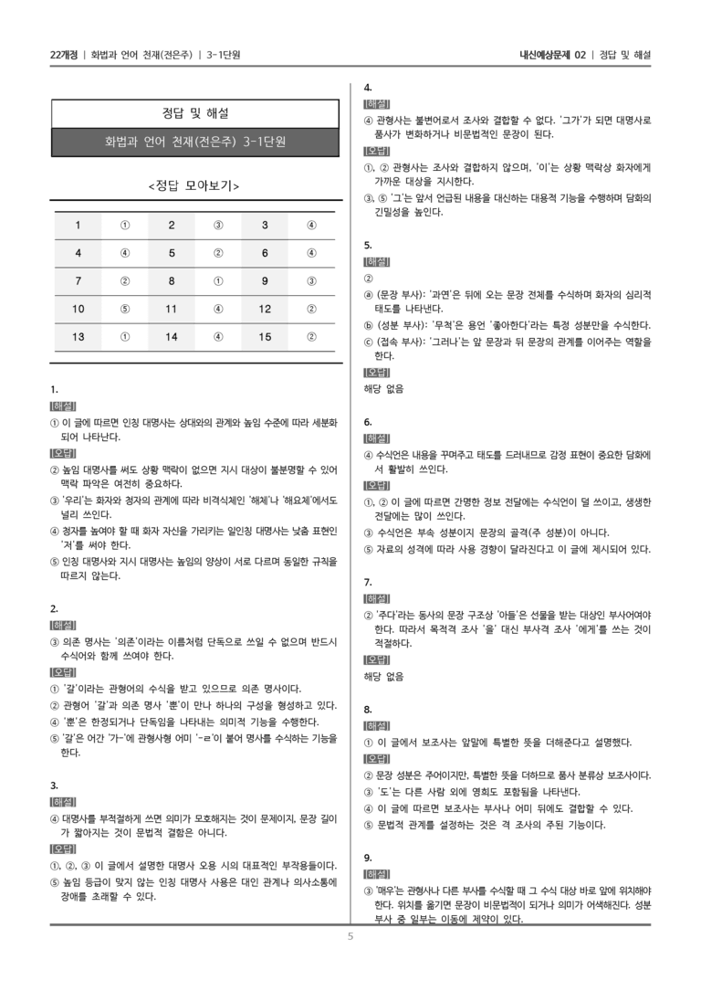 [22개정] 화법과 언어 천재 3-1 품사와 문장 구조_내신예상문제02_preview_5