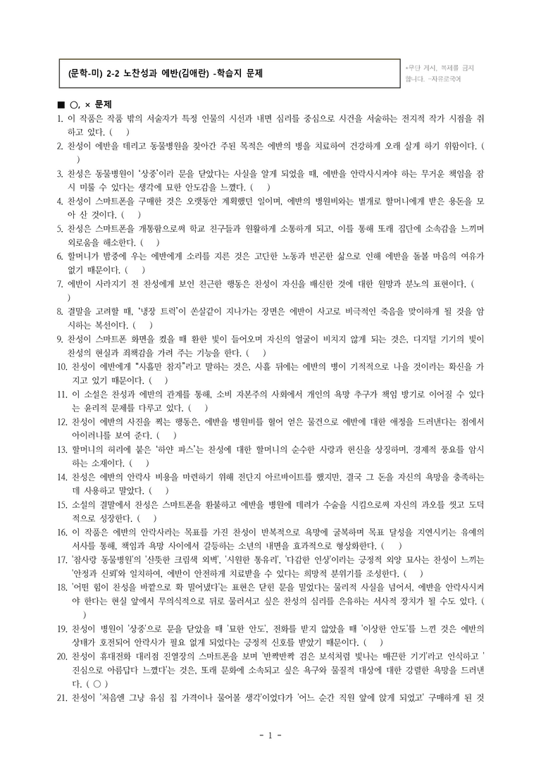 (문학-미) 2-2 노찬성과 에반(김애란) -학습지 문제 (52문제)_preview_1