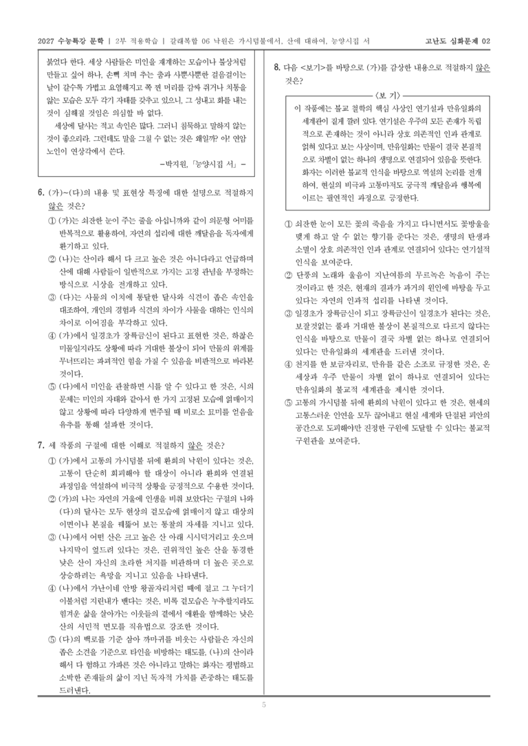 [2027 수능특강 문학] 적용학습 갈래복합 06 낙원은 가시덤불에서, 산에 대하여, 능양 시집 서_고난도심화문제02_preview_5