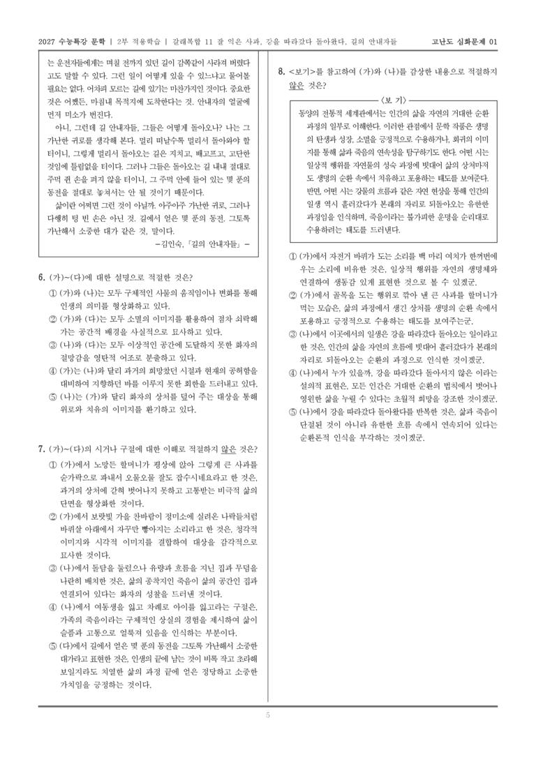 [2027 수능특강 문학] 적용학습 갈래복합 11 잘 익은 사과, 강을 따라갔다 돌아왔다, 길의 안내자들_고난도심화문제01_preview_5