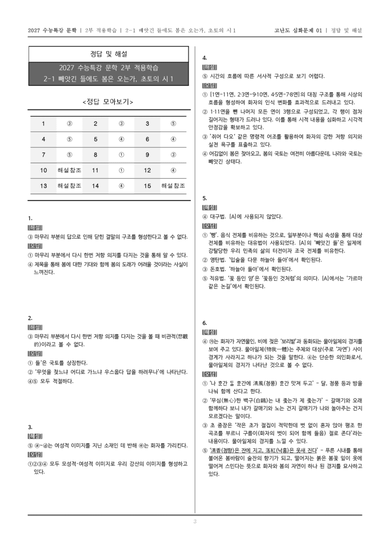 [2027 수능특강 문학] 적용학습 현대시 01 빼앗긴 들에도 봄은 오는가, 초토의 시 1_고난도 심화문제01_preview_5