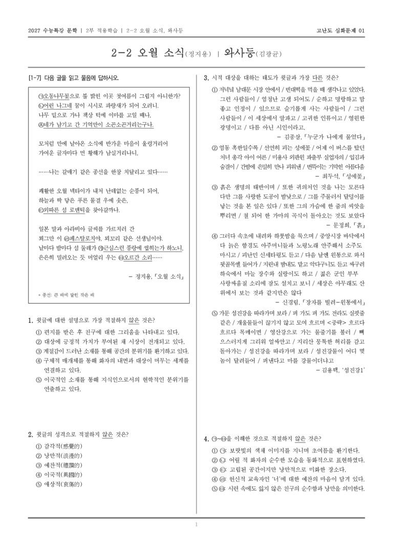 [2027 수능특강 문학] 적용학습 현대시 02 오월 소식, 와사등_고난도 심화문제01_preview_1