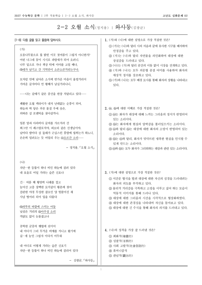 [2027 수능특강 문학] 적용학습 현대시 02 오월 소식, 와사등_고난도 심화문제02_preview_1