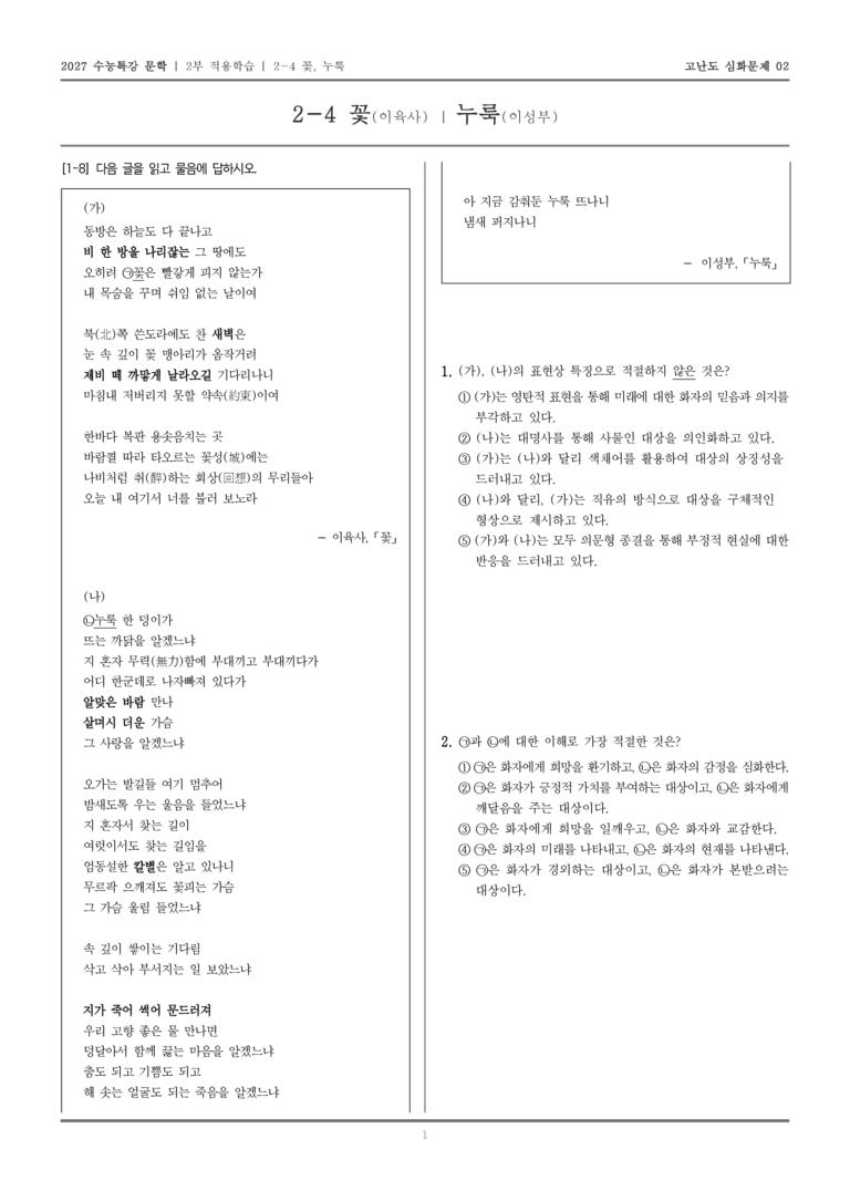 [2027 수능특강 문학] 적용학습 현대시 04 꽃, 누룩_고난도 심화문제02_preview_1