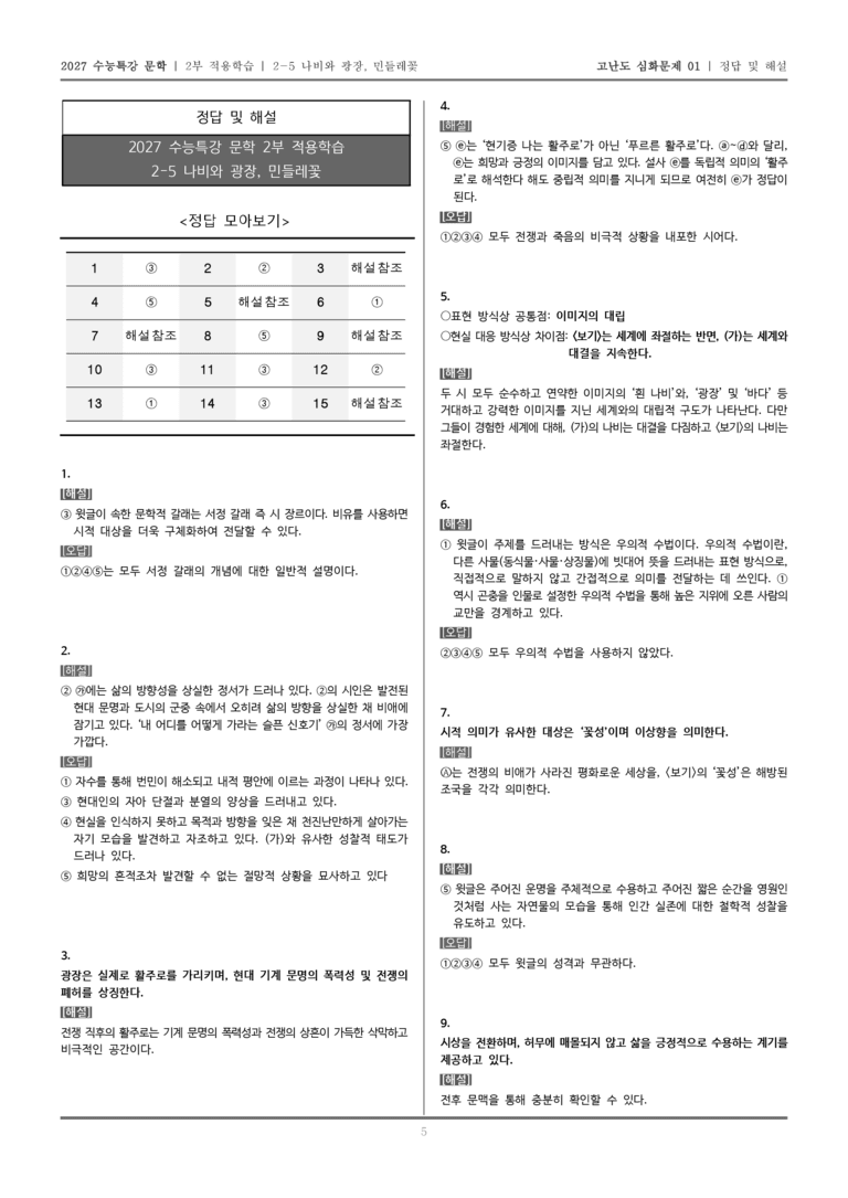 [2027 수능특강 문학] 적용학습 현대시 05 나비와 광장, 민들레_고난도 심화문제01_preview_5