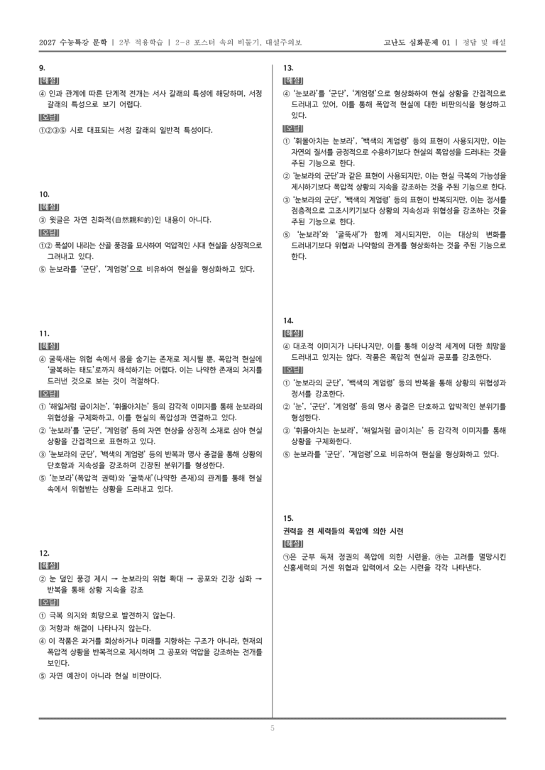 [2027 수능특강 문학] 적용학습 현대시 08 포스터 속의 비둘기, 대설주의보_고난도 심화문제01_preview_5