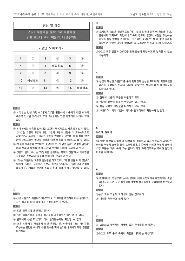 [2027 수능특강 문학] 적용학습 현대시 08 포스터 속의 비둘기, 대설주의보_고난도 심화문제02_preview_5