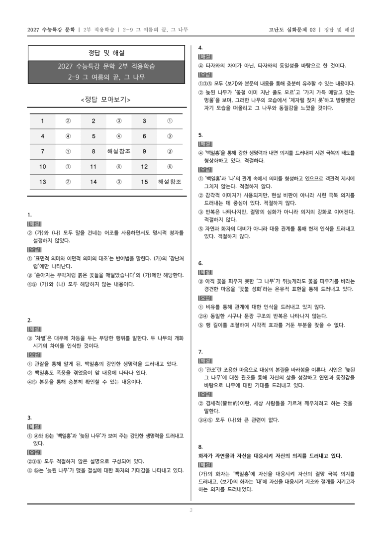 [2027 수능특강 문학] 적용학습 현대시 09 그 여름의 끝, 그 나무_고난도 심화문제02_preview_5