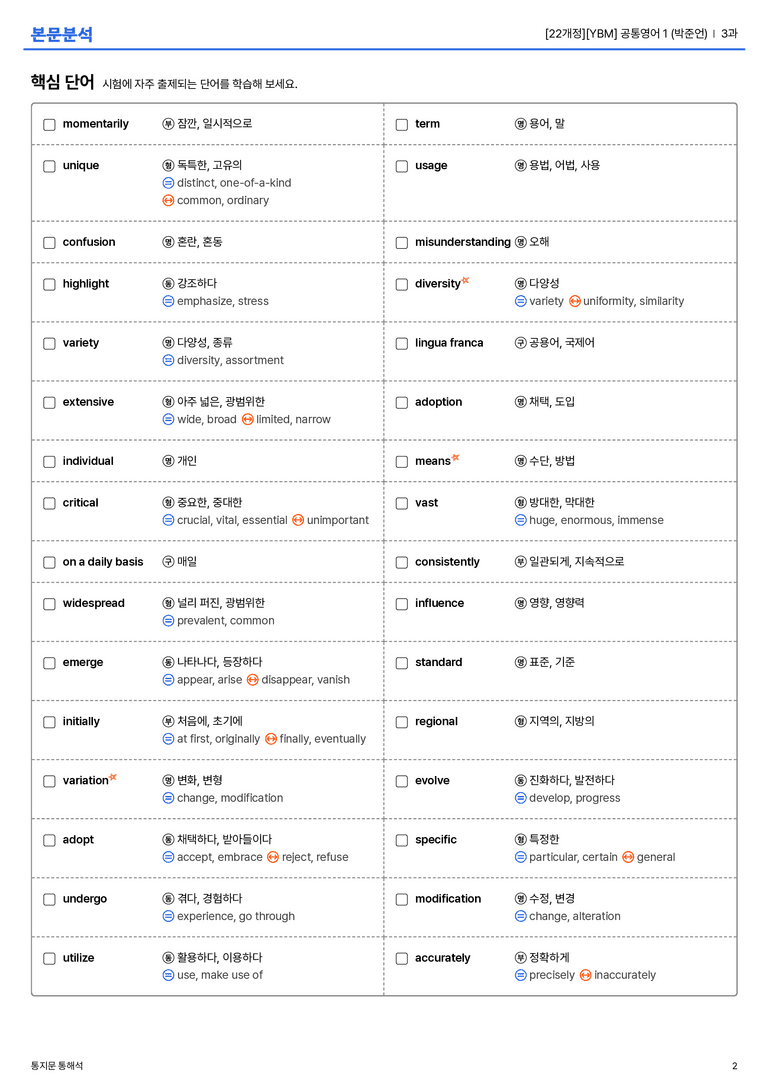 [YBM] 공통영어 1 (박준언) 3과 본문분석_preview_2