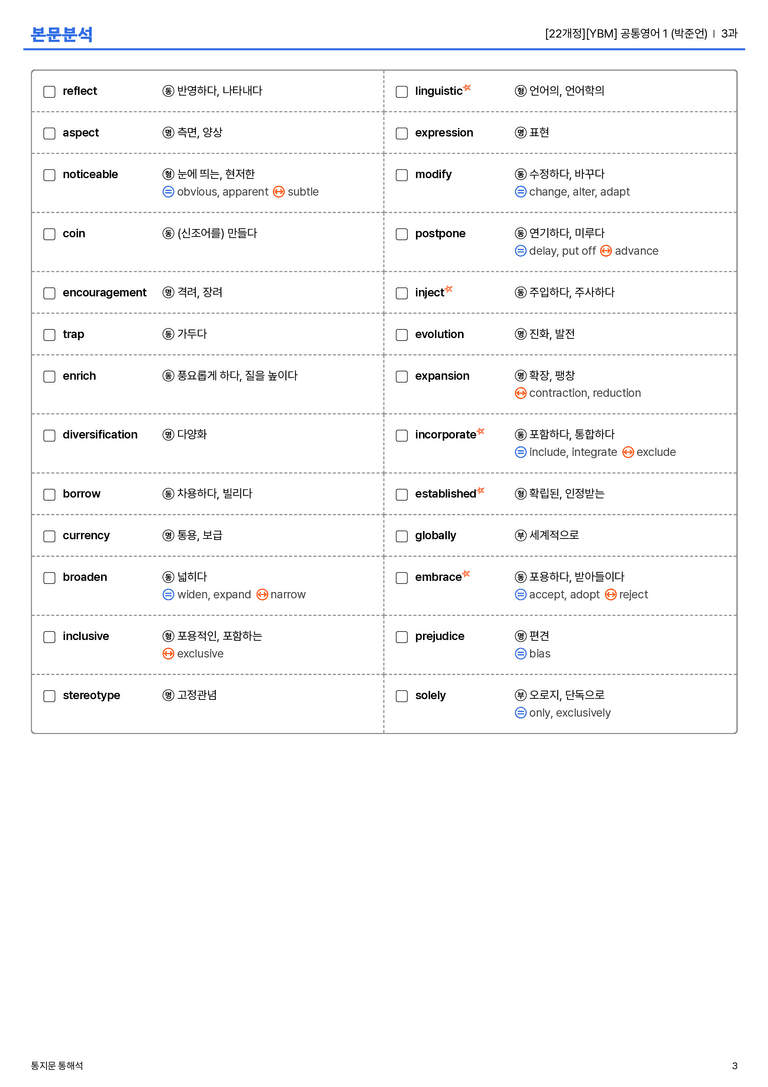 [YBM] 공통영어 1 (박준언) 3과 본문분석_preview_3