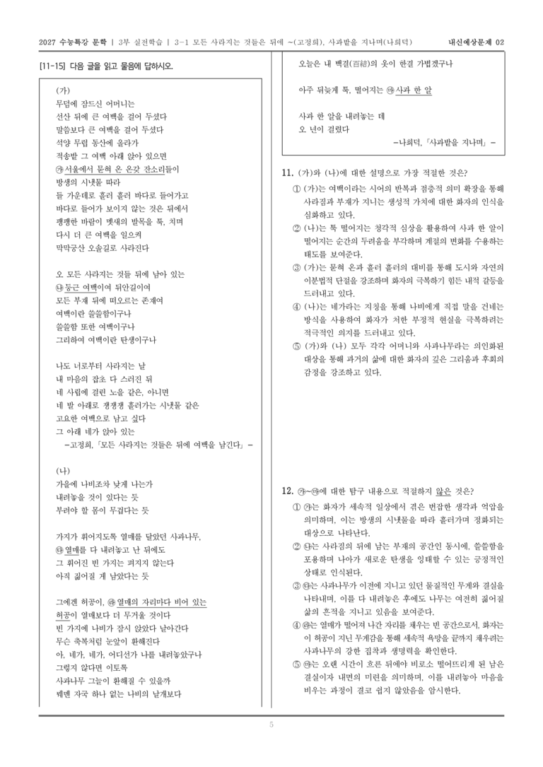 [2027 수능특강 문학] 실전학습 04 모든 사라지는 것들은 뒤에 여백을 남긴다, 사과밭을 지나며_내신예상문제02_preview_5