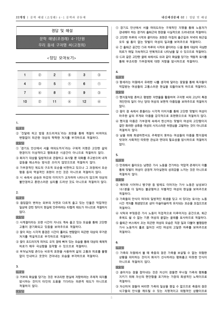 [22개정] 문학 해냄(조) 4-1-(1) 우리 동네 구자명 씨_내신예상문제02_preview_5