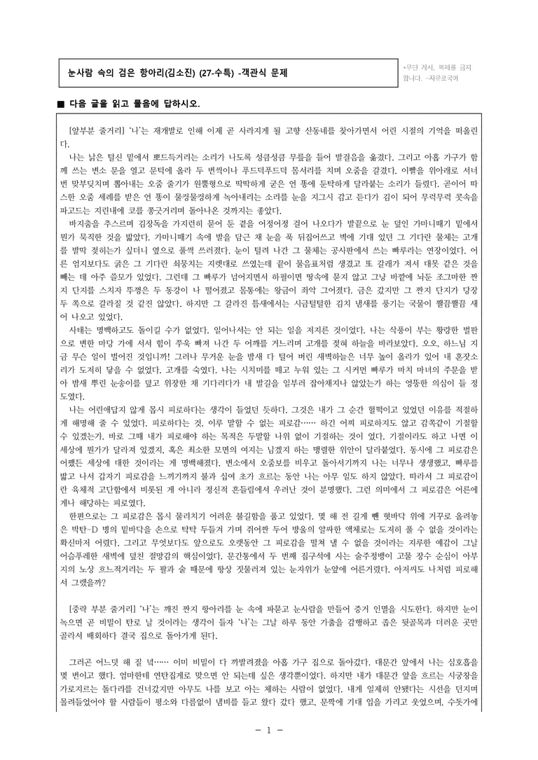 (27-수특) 2부 [현대소설] 눈사람 속의 검은 항아리(김소진) -객관식 (18문제)_preview_1