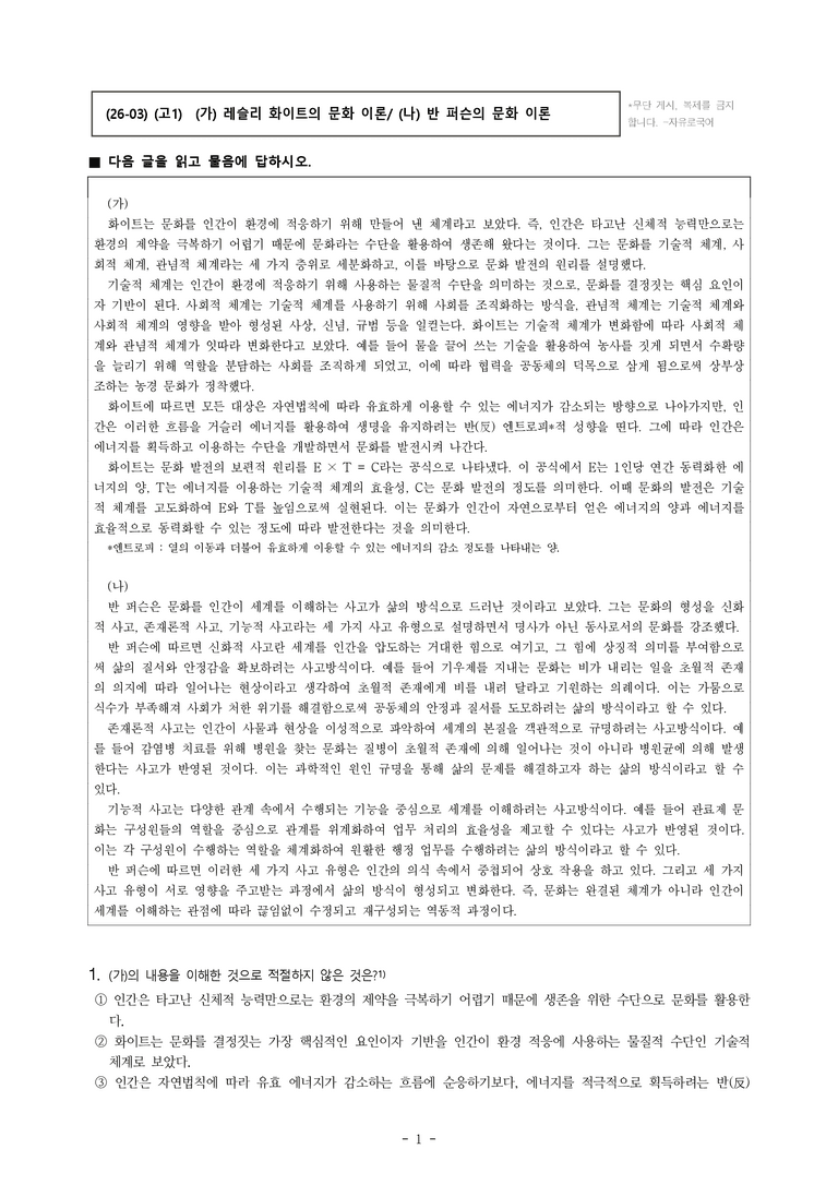 (26-03) (고1) (주제 통합) (가) 레슬리 화이트의 문화 이론, (나) 반 퍼슨의 문화 이론 (20문제)_preview_1