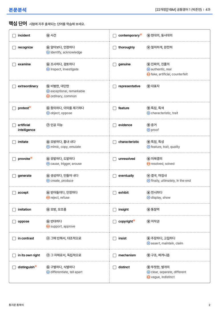 [YBM] 공통영어 1 (박준언) 4과 본문분석_preview_2