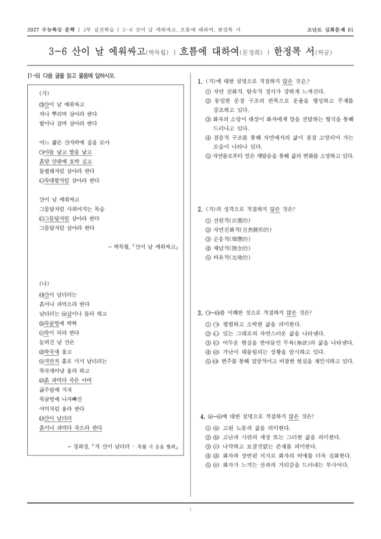 [2027 수능특강 문학] 실전학습 06 산이 날 에워싸고, 흐름에 대하여, 한정록 서_고난도 심화문제01_preview_1