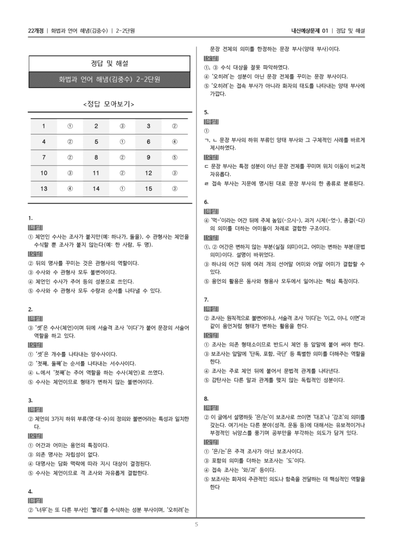[22개정] 화법과 언어 해냄 2-2 국어의 품사와 문장 구조_내신예상문제01_preview_5