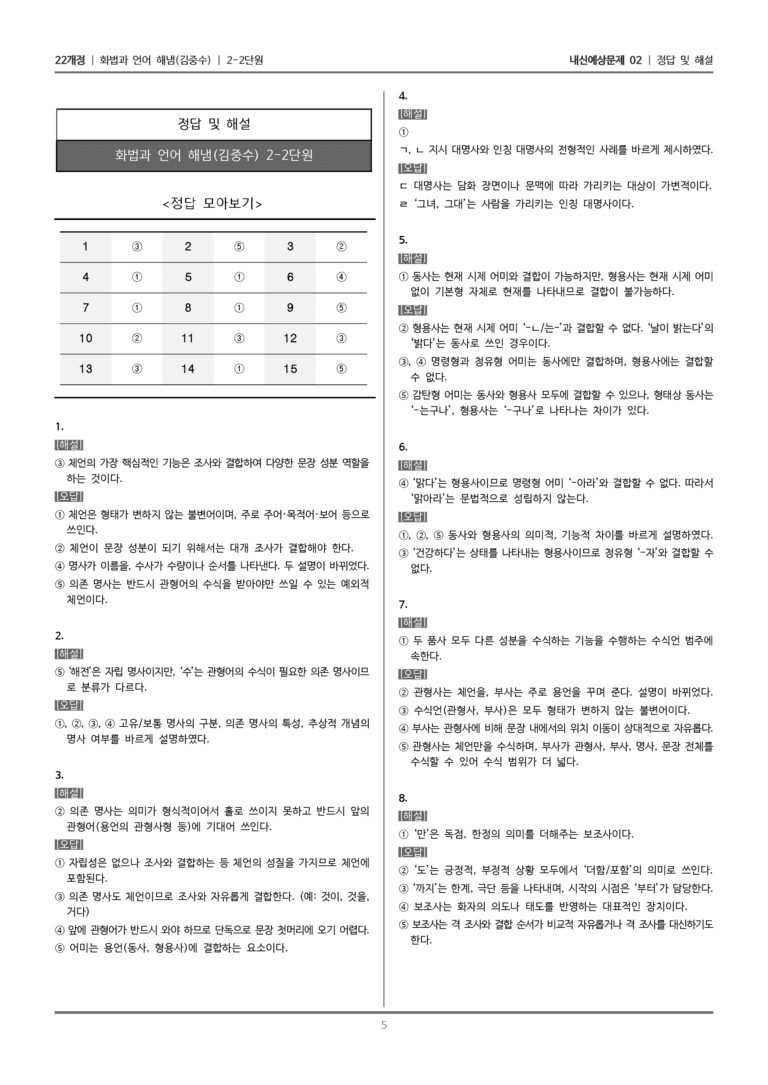 [22개정] 화법과 언어 해냄 2-2 국어의 품사와 문장 구조_내신예상문제02_preview_5