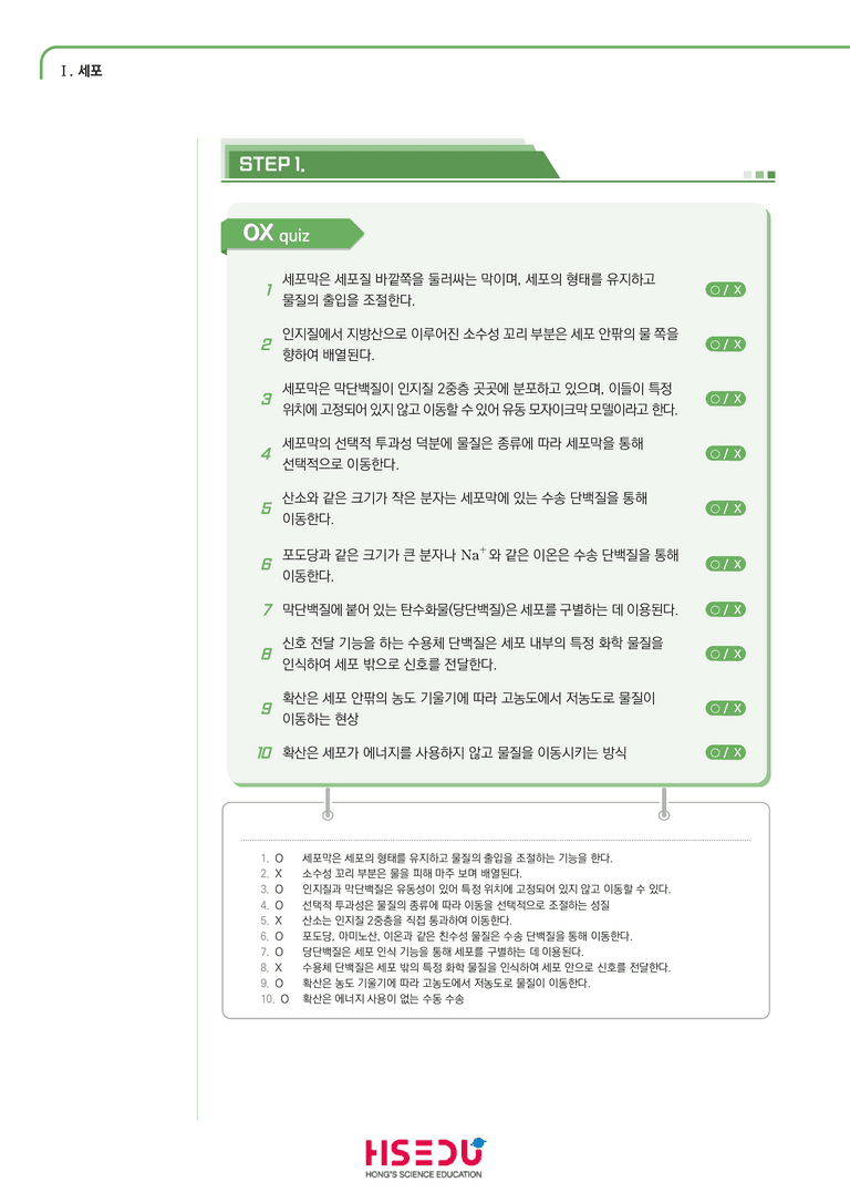 1-3 세포막을 통한 물질의 이동 | STEP1 개념확인문제(OX)_preview_1