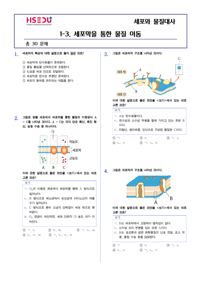 1-3 세포막을 통한 물질 이동 | STEP2 최다빈출대표유형_preview_1