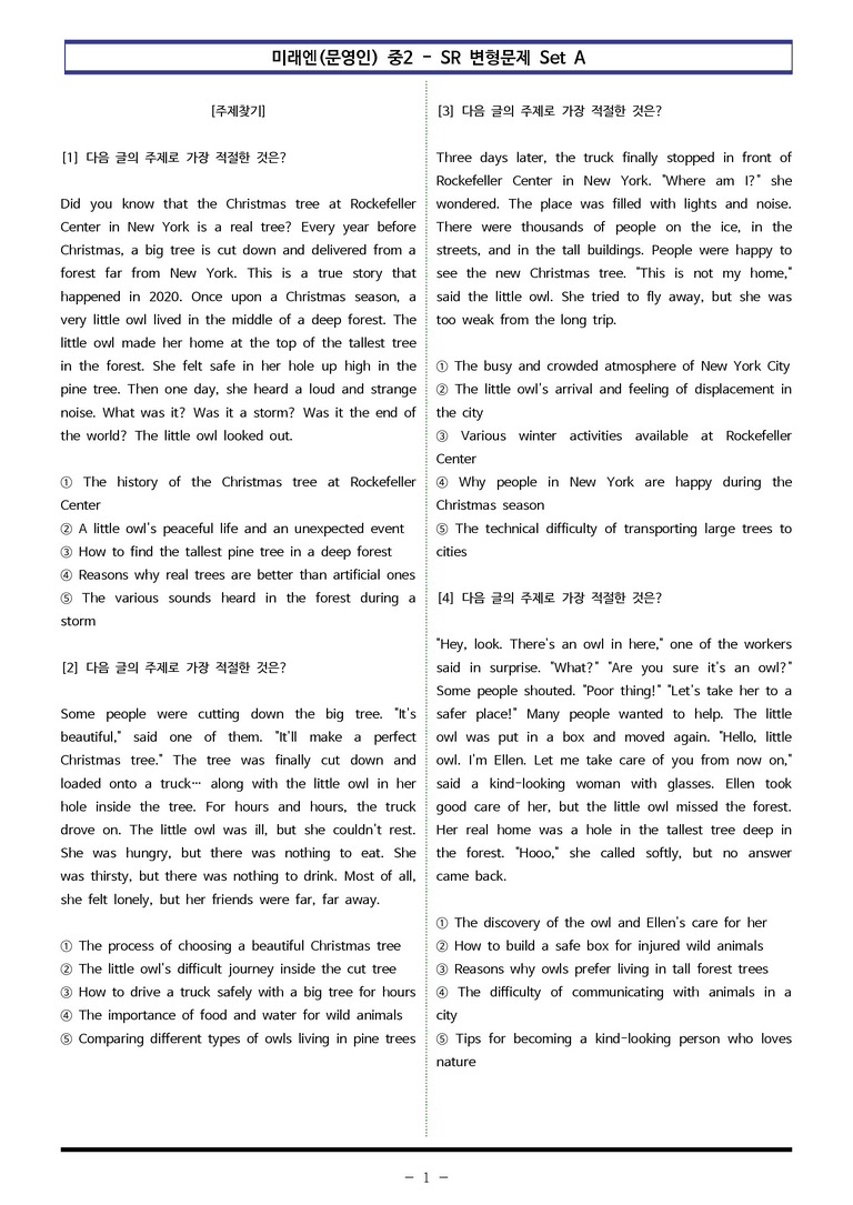 미래엔(문영인) 중2 - SR 변형문제 Set B (90제) by 이쌤문제은행 _preview_1