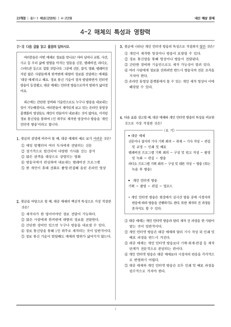 [22개정] 중1-1 해냄(강) 4(2) 매체의 특성과 영향력_내신 예상 문제_preview_1
