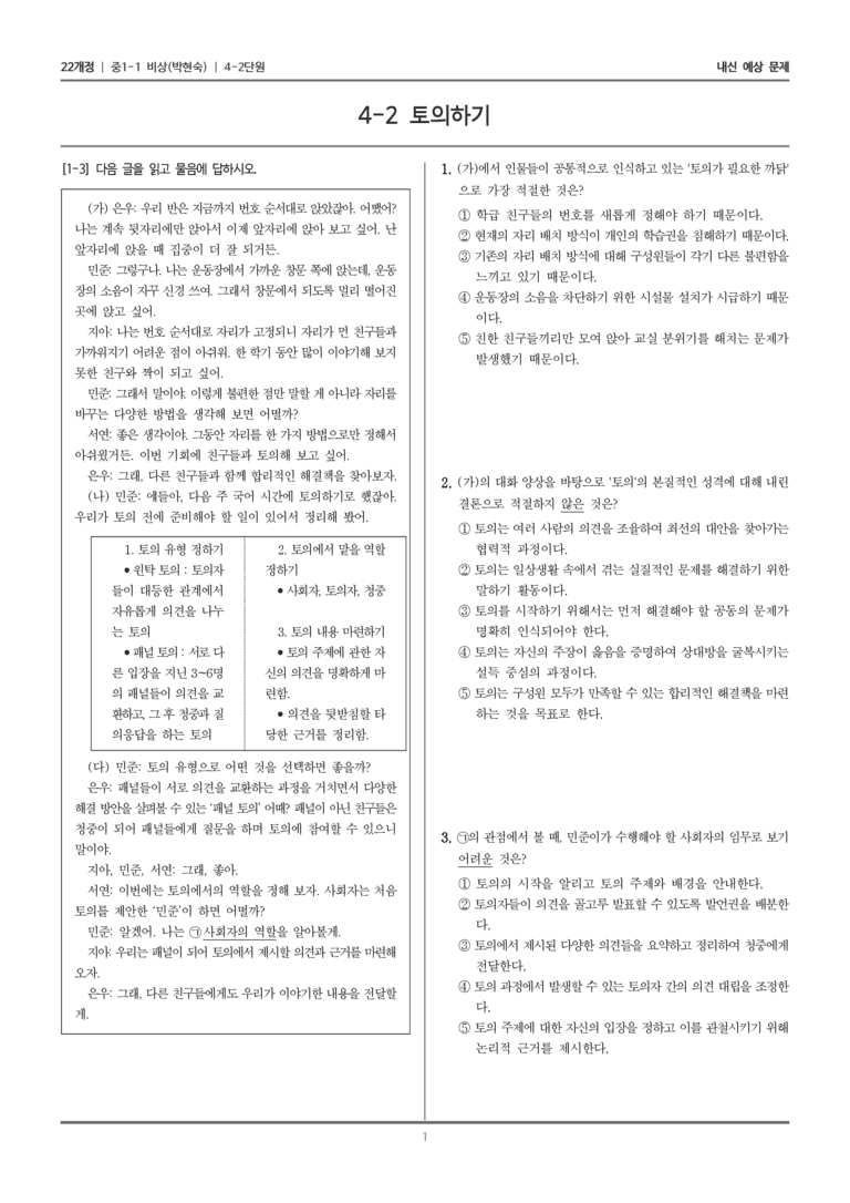 [22개정] 중1-1 비상(박현) 4(2) 토의하기_내신 예상 문제_preview_1