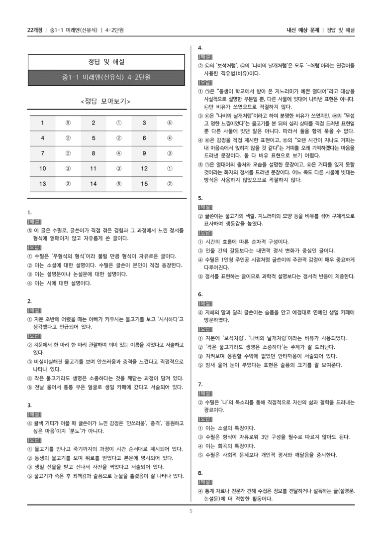 [22개정] 중1-1 미래엔(신) 4(2) 정서를 표현하는 글 쓰기_내신 예상 문제_preview_5